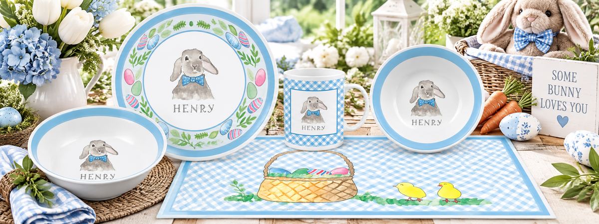 Personalized Bunny Blue Kids Dinnerware Set
