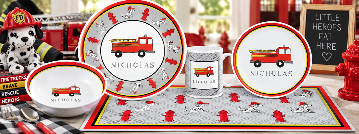 Personalized Firetruck Kids Dinnerware Set