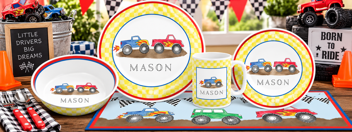 Personalized Monster Trucks Dinnerware Set