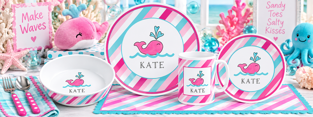 Personalized Preppy Whale Kids Dinnerware Set