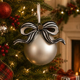 Black and White Stripe Ribbon Ball Glass Ornament