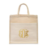 PERSONALIZED MEDIUM WOVEN JUTE TOTE BAG WITH POCKET - SCRIPT MONOGRAM