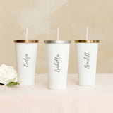 Personalized White Metal Drink Tumbler with Metallic Lid - Calligraphy