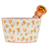 PINK CANDY CORN CERAMIC BOWL AND SPREADER SET