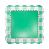 Pink and Green Gingham Scalloped Square Paper Dinner Plates