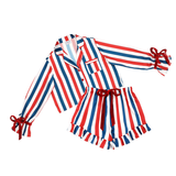 Small Red, White & Blue Stripe PJ Ruffled Short Set