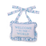 Blue Welcome to the World Embroidered Ruffle Pillow Door Hanger Decor