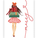 Merry Holiday Girl with Gifts Folded Holiday Greeting Card - Set of 10